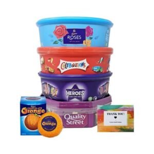 Christmas Chocolate Tubs – 5 Pack – Roses. Heroes. Quality Street. Celebrations and 1 Terry's Orange Chocolates + Topline Card