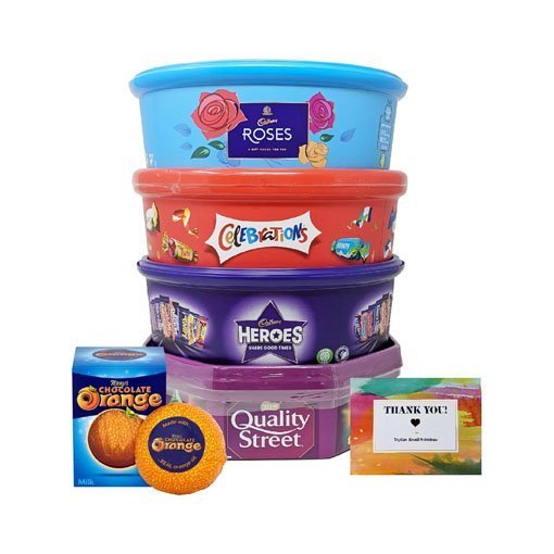 Christmas Chocolate Tubs – 5 Pack – Roses. Heroes. Quality Street. Celebrations and 1 Terry's Orange Chocolates + Topline Card