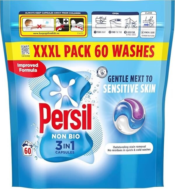 Persil Non Bio 3 in 1 Washing Capsules laundry capsules gentle next to sensitive skin for outstanding stain removal in quick & cold washes 60 washes